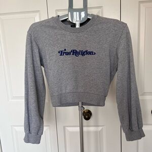True Religion Heather Gray Cropped Sweatshirt with Navy Logo
